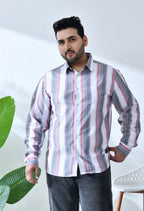 Men Cotton Red, Grey and White Stripes Classic Fit Pocket Smart Casual Shirt