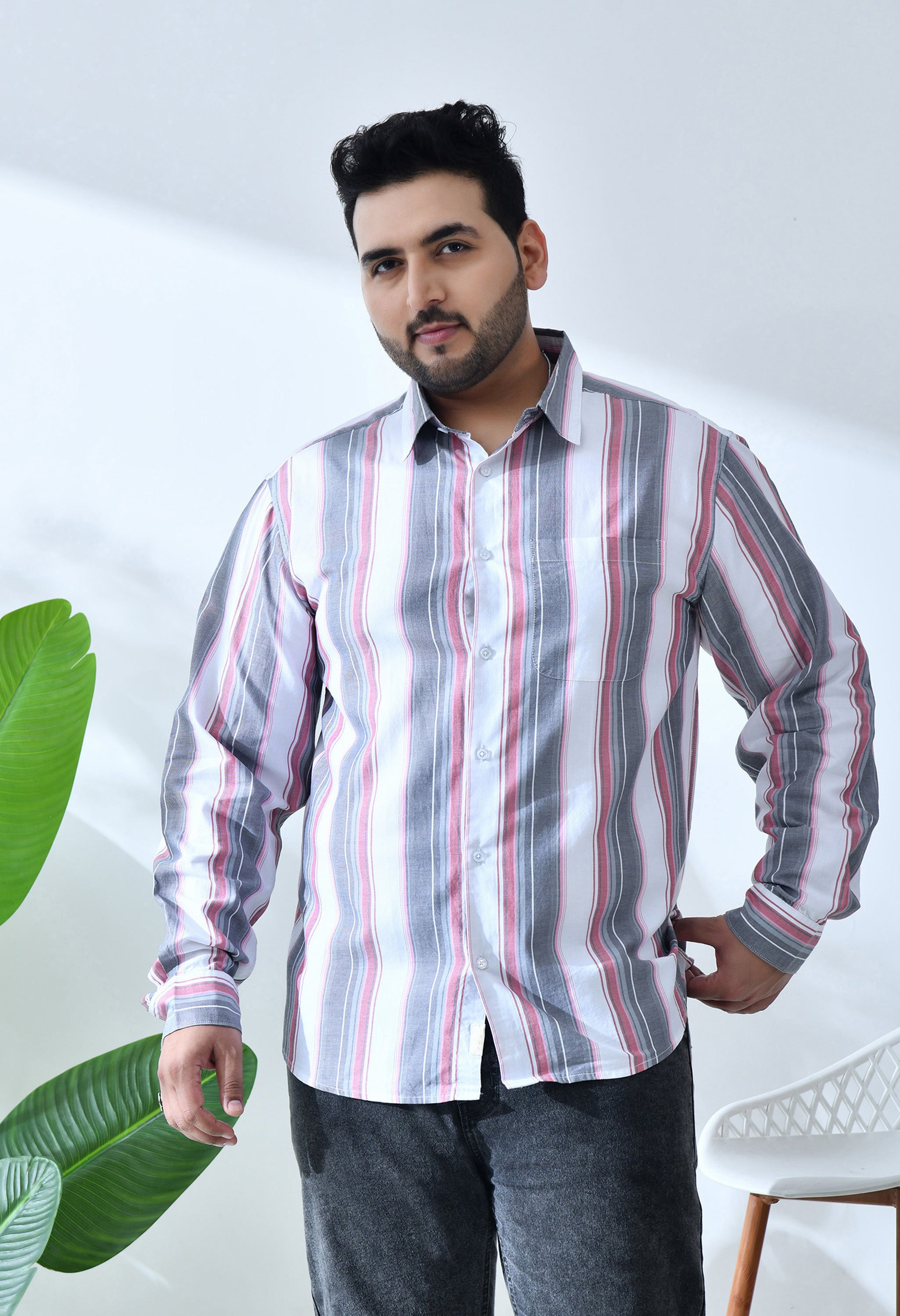 Men Cotton Red, Grey and White Stripes Classic Fit Pocket Smart Casual Shirt