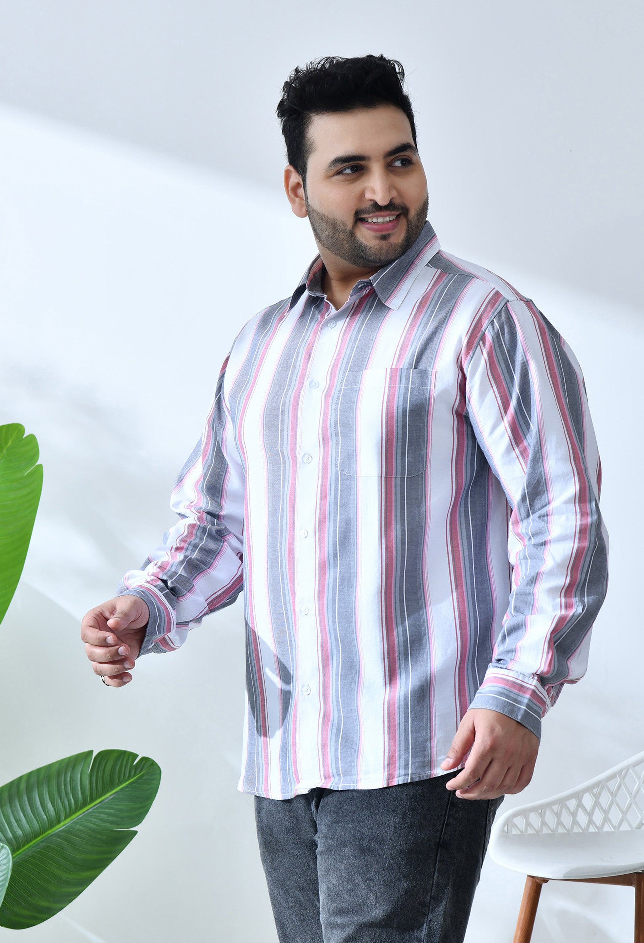 Men Cotton Red, Grey and White Stripes Classic Fit Pocket Smart Casual Shirt