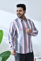 Men Cotton Red, Grey and White Stripes Classic Fit Pocket Smart Casual Shirt