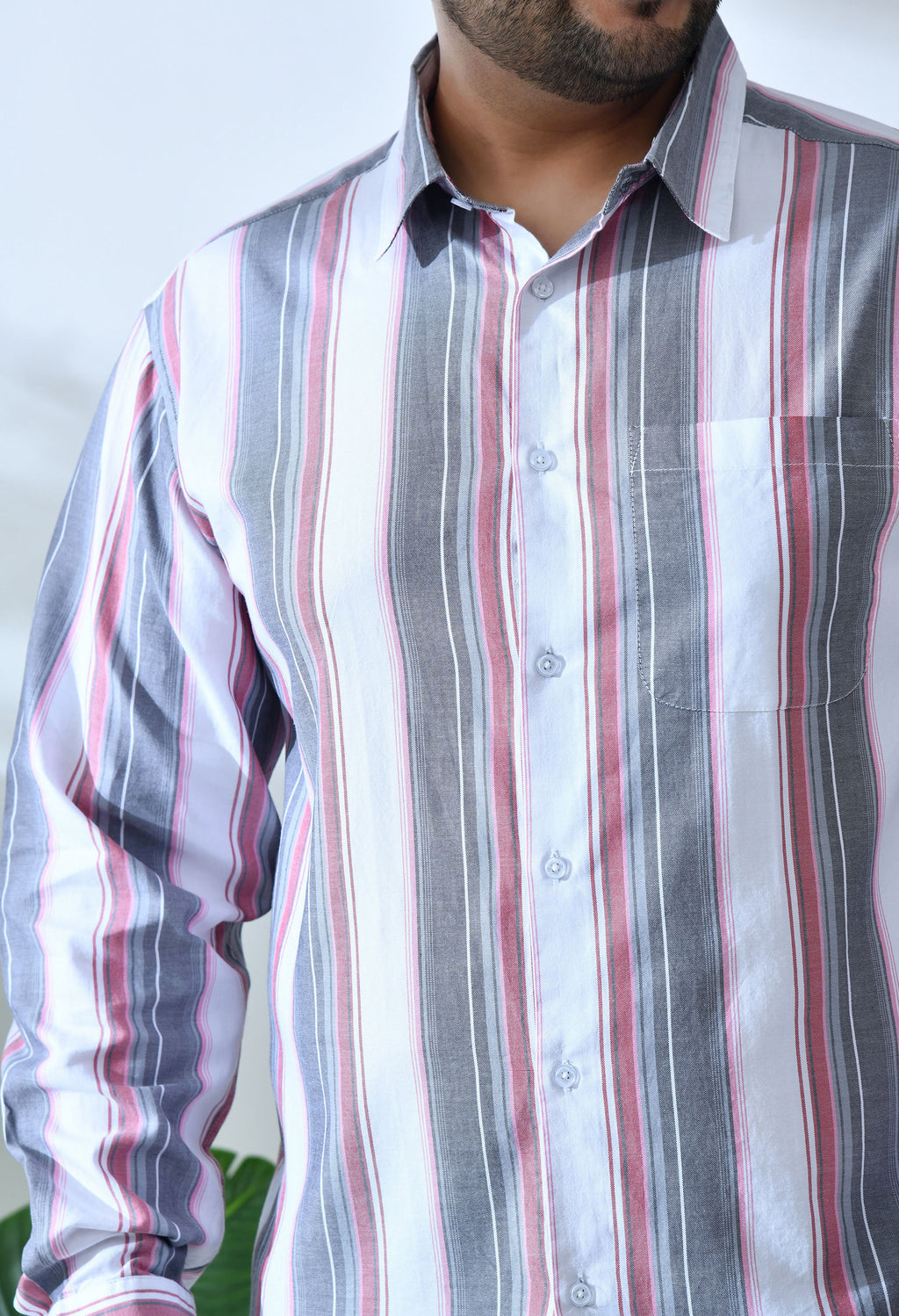 Men Cotton Red, Grey and White Stripes Classic Fit Pocket Smart Casual Shirt