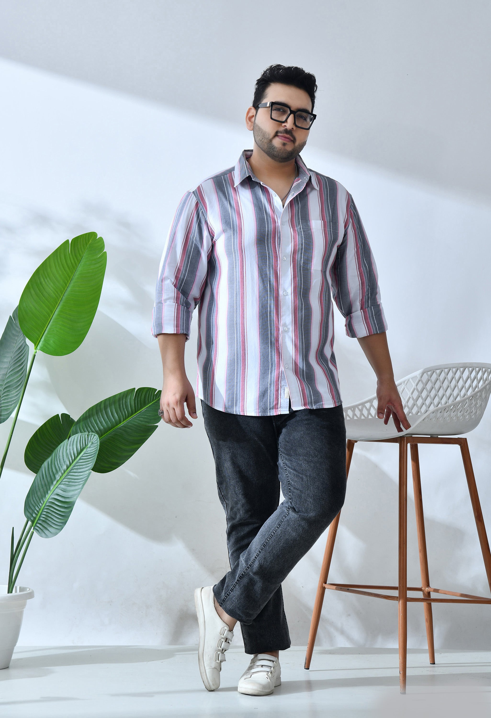 Men Cotton Red, Grey and White Stripes Classic Fit Pocket Smart Casual Shirt