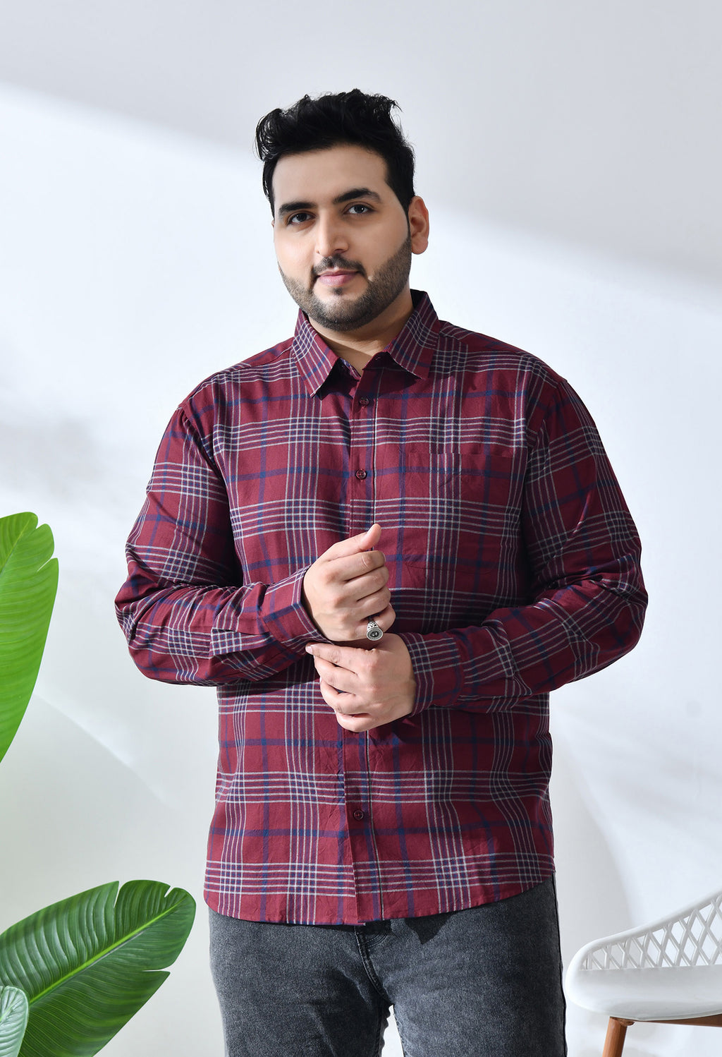Men Brushed Flannel Maroon, Navy and White Checkered Classic Fit Pocket Smart Casual Shirt.  Style - NC-1211