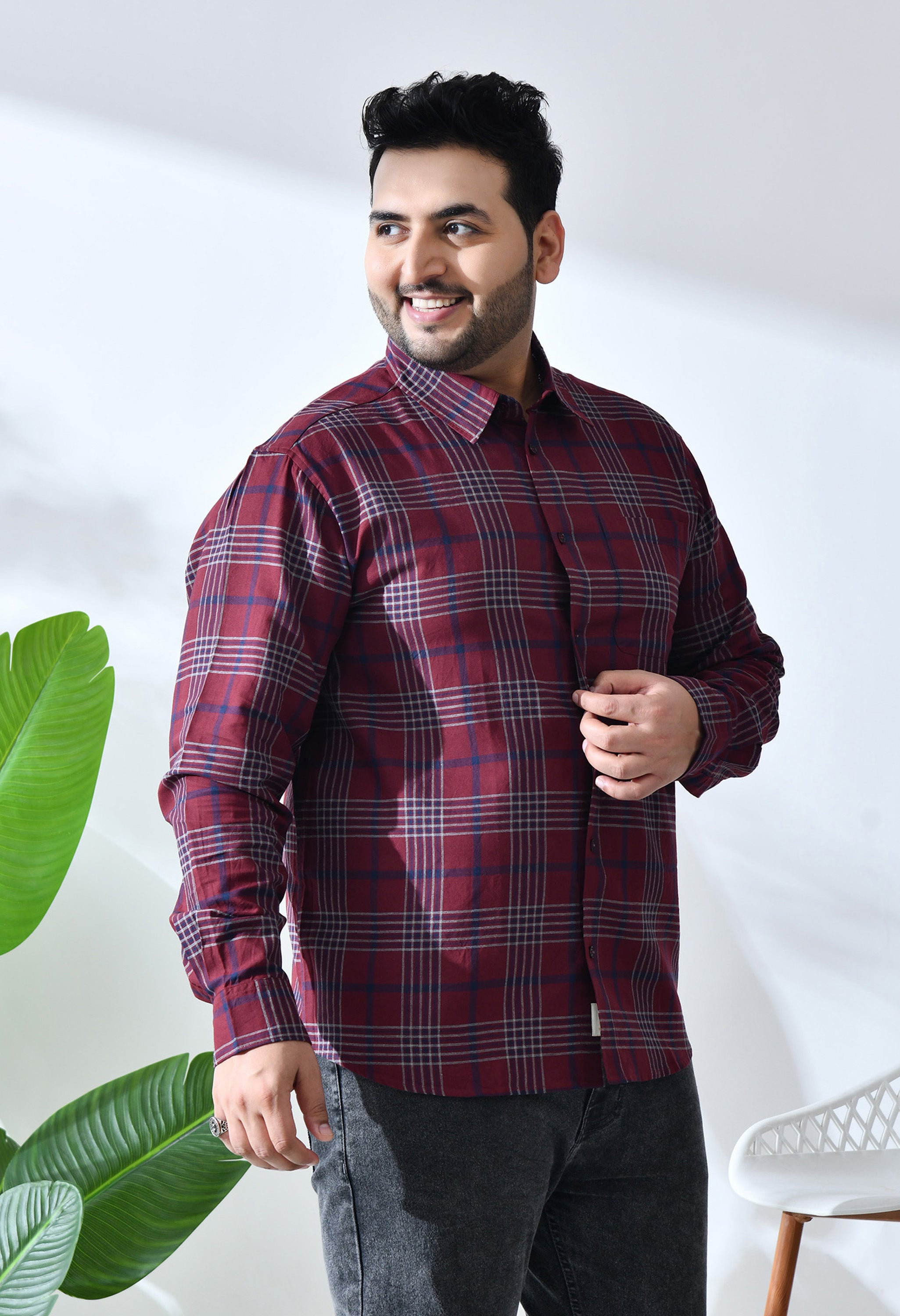 Men Brushed Flannel Maroon, Navy and White Checkered Classic Fit Pocket Smart Casual Shirt.  Style - NC-1211