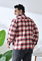 Men Brushed Flannel Orange Navy and Beige Checkered Classic Fit 1 Pocket Smart Casual Shirt