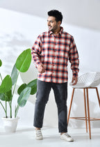 Men Brushed Flannel Orange Navy and Beige Checkered Classic Fit 1 Pocket Smart Casual Shirt