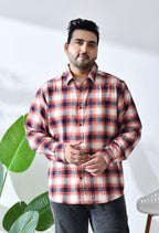 Men Brushed Flannel Orange Navy and Beige Checkered Classic Fit 1 Pocket Smart Casual Shirt