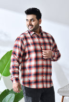 Men Brushed Flannel Orange Navy and Beige Checkered Classic Fit 1 Pocket Smart Casual Shirt