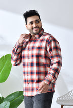 Men Brushed Flannel Orange Navy and Beige Checkered Classic Fit 1 Pocket Smart Casual Shirt