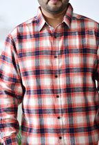 Men Brushed Flannel Orange Navy and Beige Checkered Classic Fit 1 Pocket Smart Casual Shirt