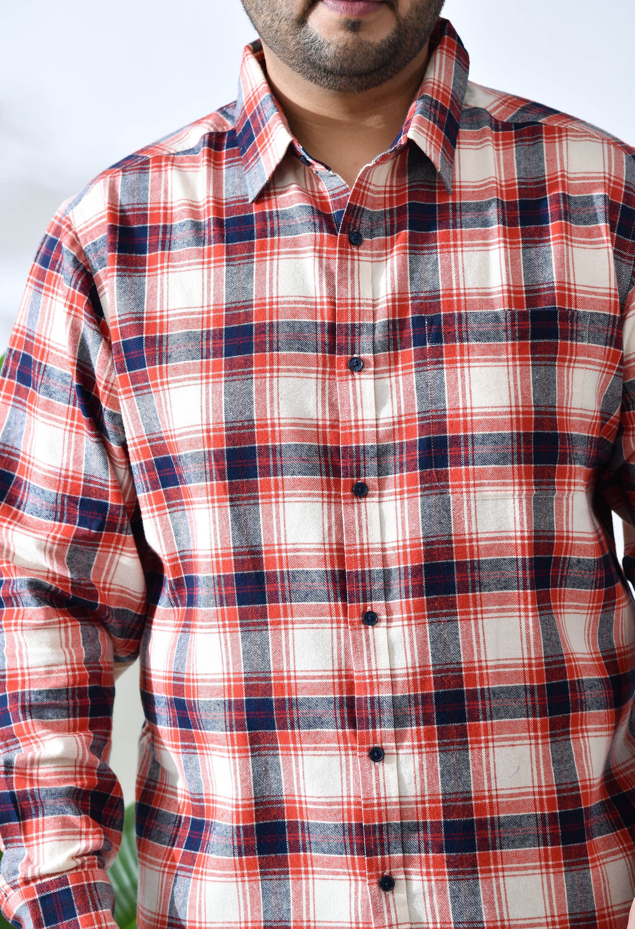 Men Brushed Flannel Orange Navy and Beige Checkered Classic Fit 1 Pocket Smart Casual Shirt