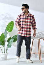 Men Brushed Flannel Orange Navy and Beige Checkered Classic Fit 1 Pocket Smart Casual Shirt