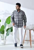Men Crushed Cotton Black and Grey Checkered Classic Fit Pocket Smart Casual Shirt