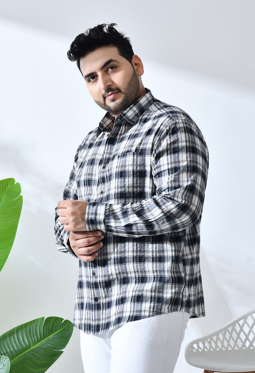 Men Crushed Cotton Black and Grey Checkered Classic Fit Pocket Smart Casual Shirt