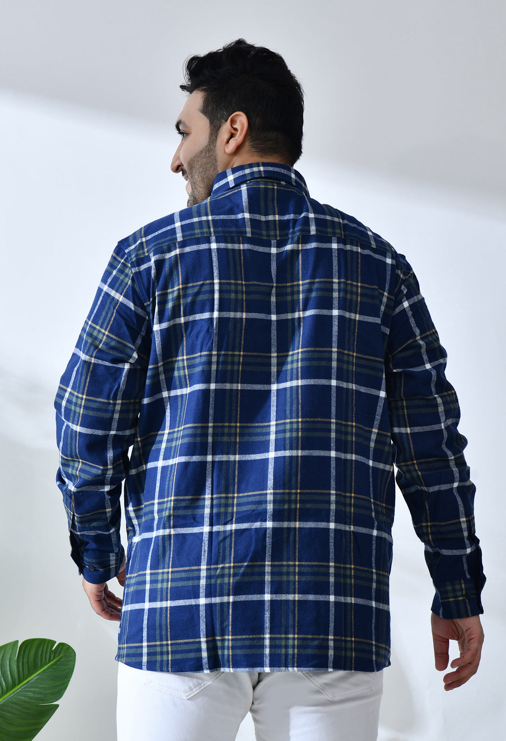 Men Brushed Flannel Navy, Yellow and White Checkered Classic Fit Pocket Smart Casual Shirt