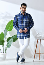 Men Brushed Flannel Navy, Yellow and White Checkered Classic Fit Pocket Smart Casual Shirt