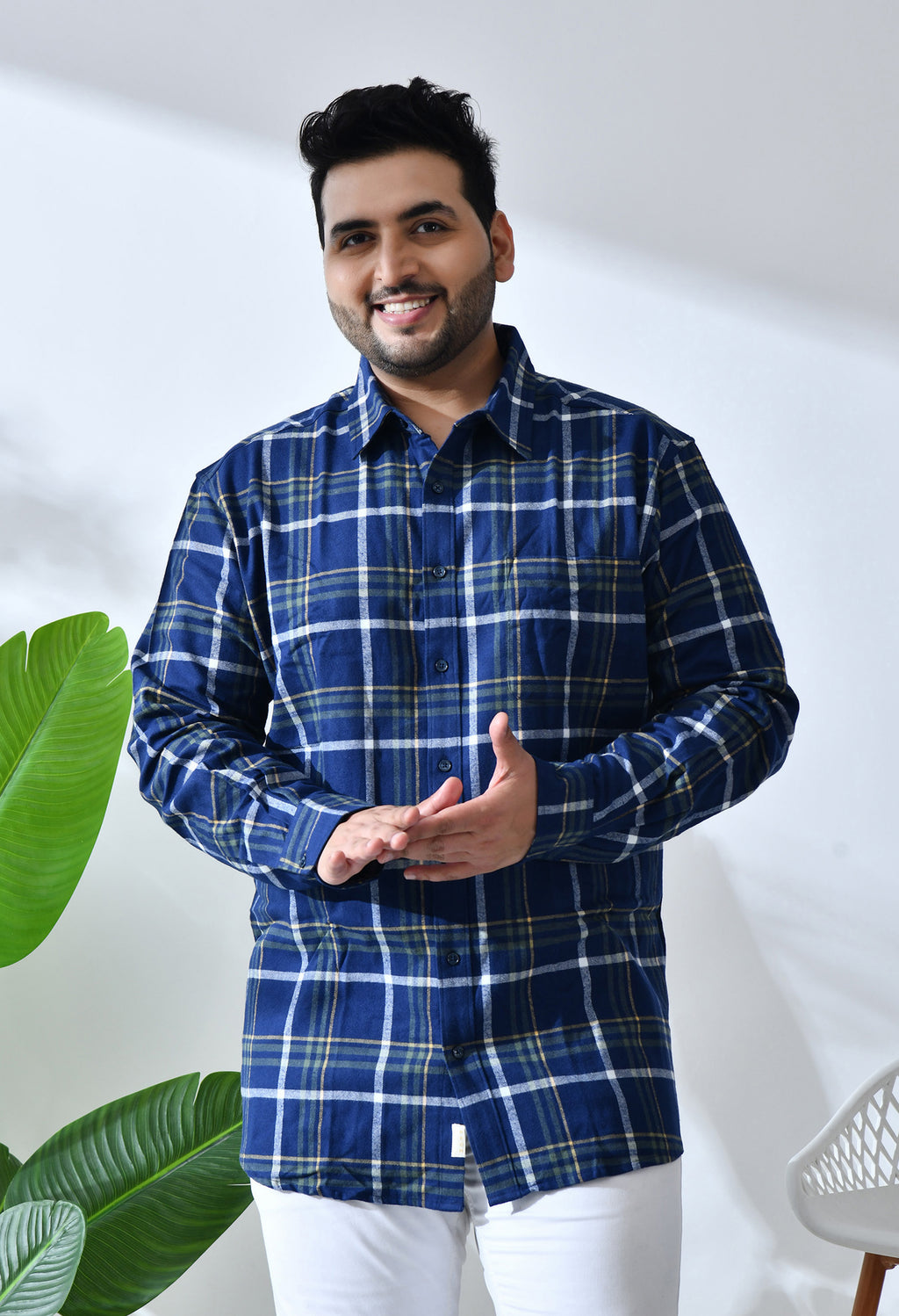 Men Brushed Flannel Navy, Yellow and White Checkered Classic Fit Pocket Smart Casual Shirt