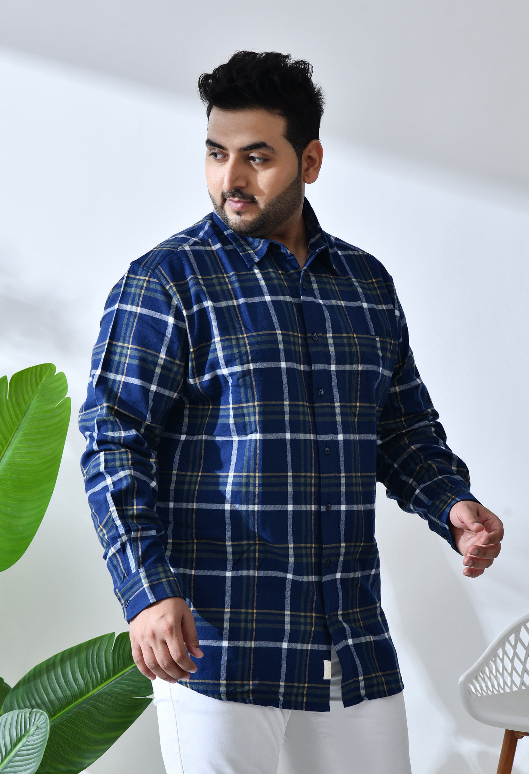 Men Brushed Flannel Navy, Yellow and White Checkered Classic Fit Pocket Smart Casual Shirt