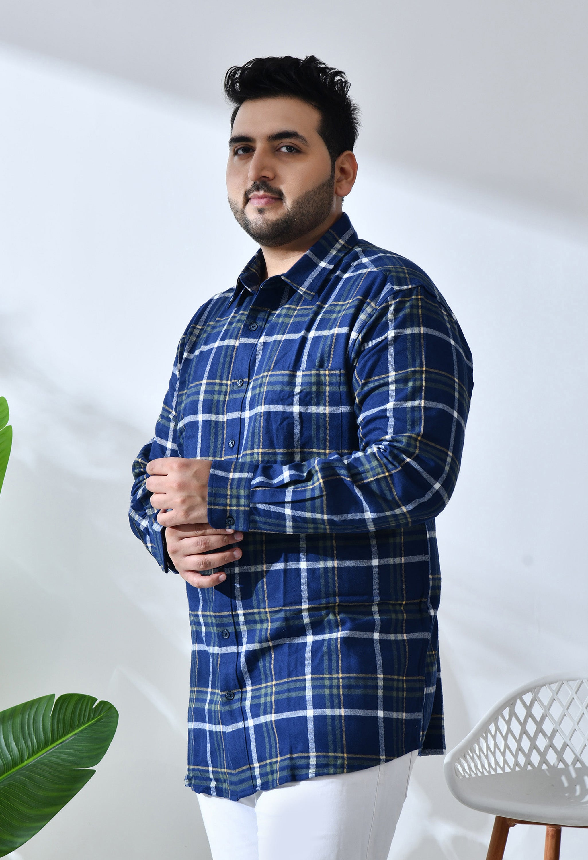 Men Brushed Flannel Navy, Yellow and White Checkered Classic Fit Pocket Smart Casual Shirt