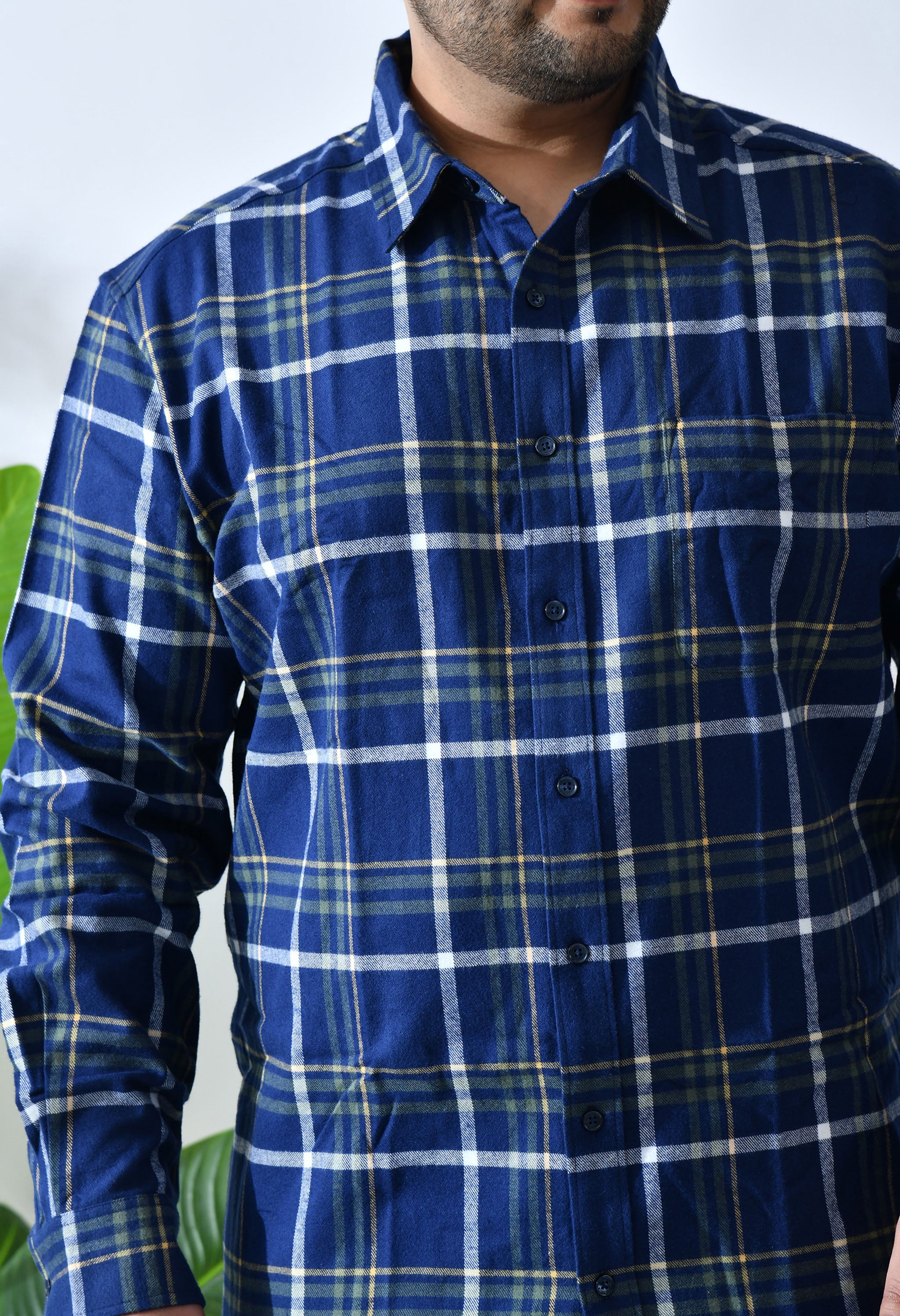 Men Brushed Flannel Navy, Yellow and White Checkered Classic Fit Pocket Smart Casual Shirt