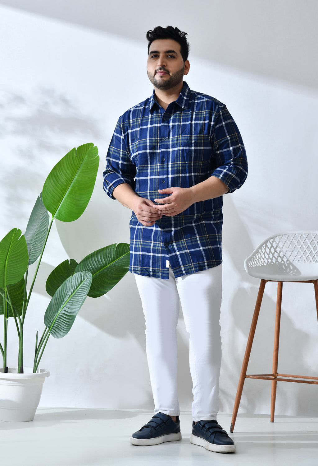 Men Brushed Flannel Navy, Yellow and White Checkered Classic Fit Pocket Smart Casual Shirt