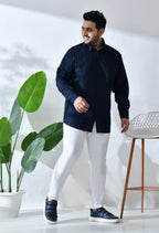 Men Cotton Linen Navy Blue 1 Pocket Solid Color Regular Fit Smart Casual Shirt (Style Code-2k20)