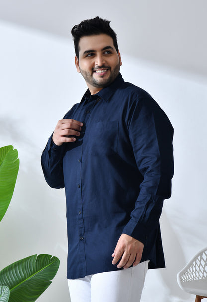 Men Cotton Linen Navy Blue 1 Pocket Solid Color Regular Fit Smart Casual Shirt (Style Code-2k20)