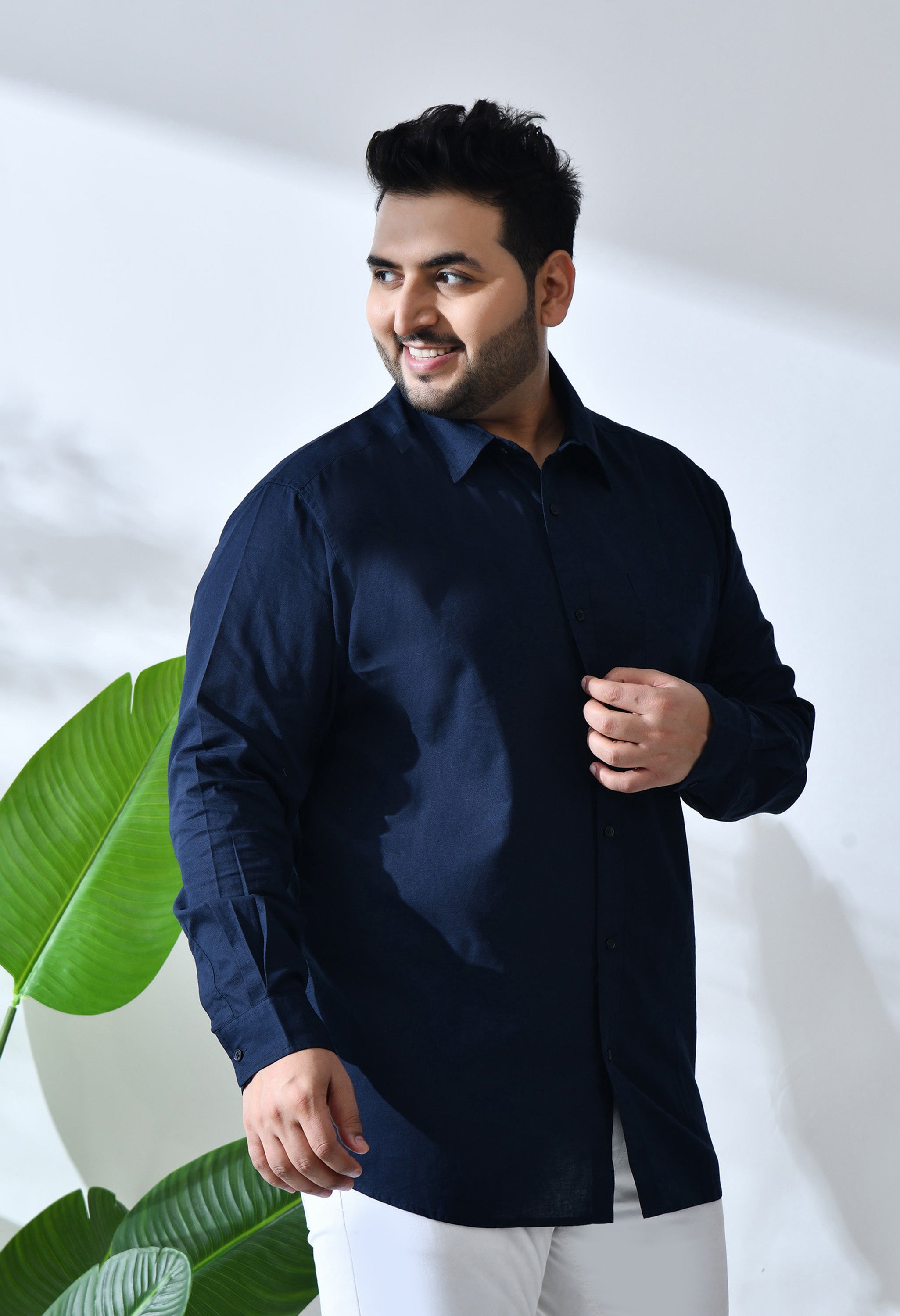 Men Cotton Linen Navy Blue 1 Pocket Solid Color Regular Fit Smart Casual Shirt (Style Code-2k20)