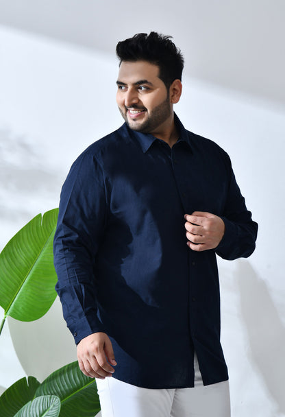 Men Cotton Linen Navy Blue 1 Pocket Solid Color Regular Fit Smart Casual Shirt (Style Code-2k20)