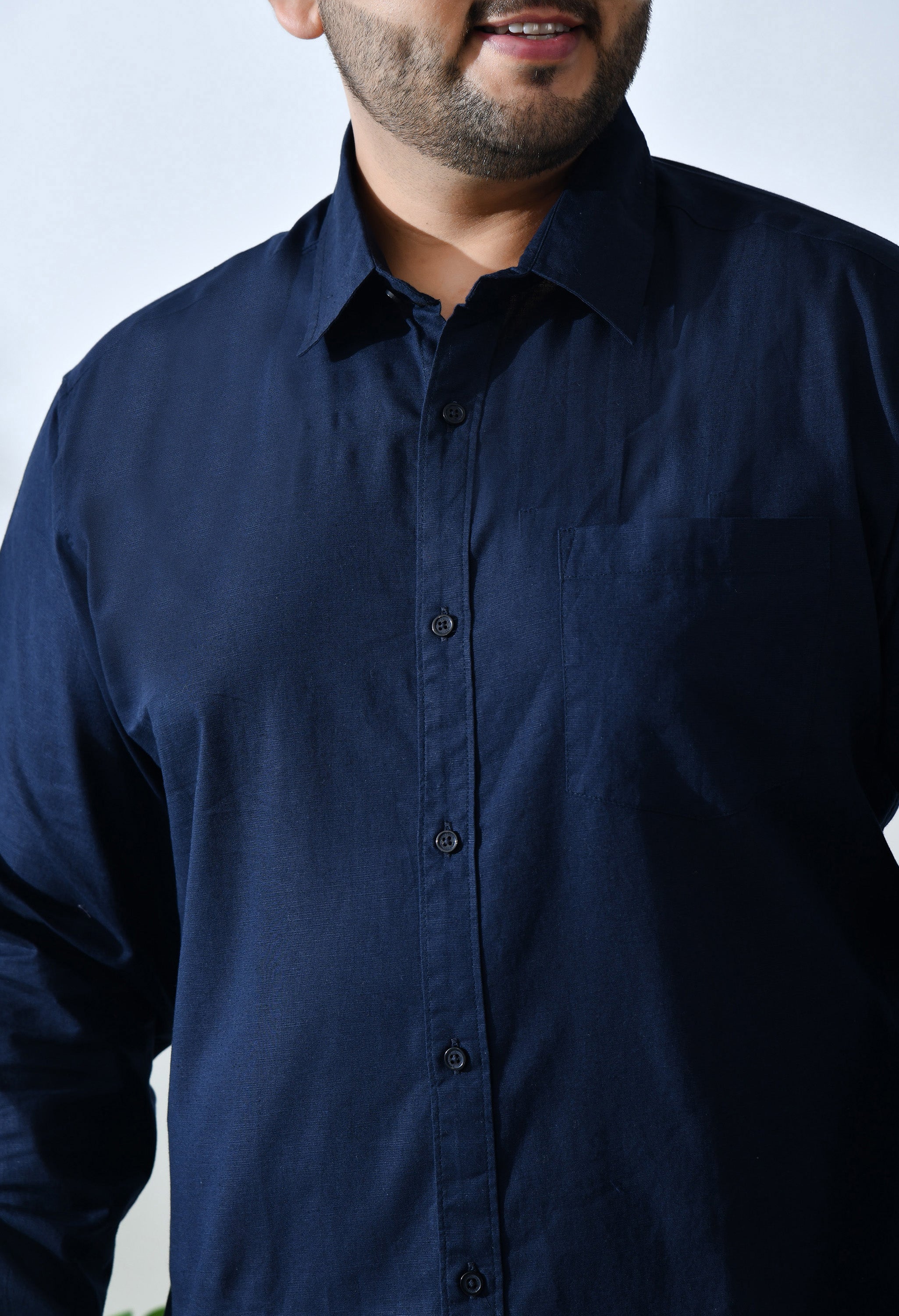 Men Cotton Linen Navy Blue 1 Pocket Solid Color Regular Fit Smart Casual Shirt (Style Code-2k20)
