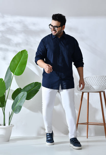 Men Cotton Linen Navy Blue 1 Pocket Solid Color Regular Fit Smart Casual Shirt (Style Code-2k20)