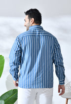 Men Cotton Blue and White Stripes Classic Fit Pocket Smart Casual Shirt