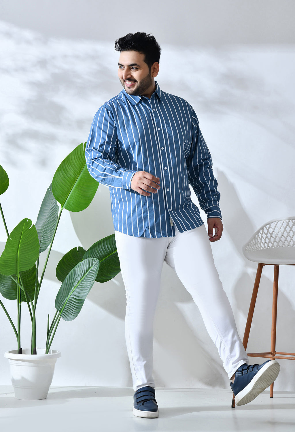 Men Cotton Blue and White Stripes Classic Fit Pocket Smart Casual Shirt