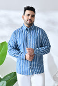 Men Cotton Blue and White Stripes Classic Fit Pocket Smart Casual Shirt
