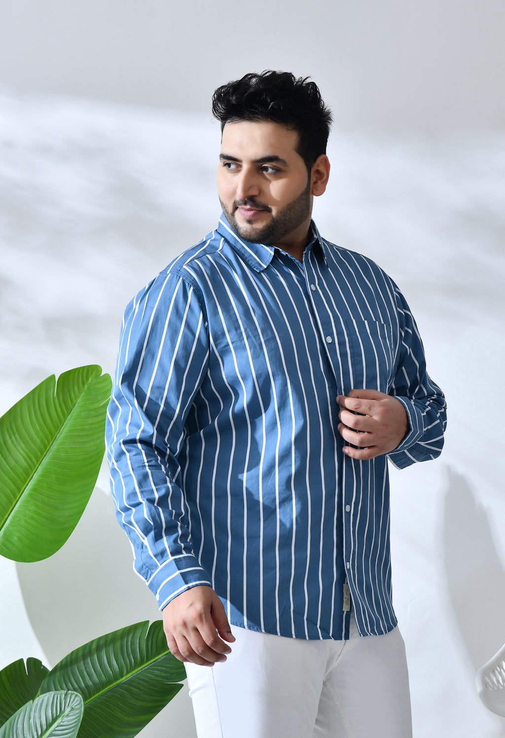 Men Cotton Blue and White Stripes Classic Fit Pocket Smart Casual Shirt