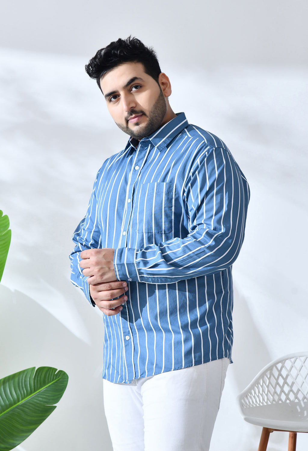 Men Cotton Blue and White Stripes Classic Fit Pocket Smart Casual Shirt