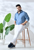 Men Cotton Blue and White Stripes Classic Fit Pocket Smart Casual Shirt