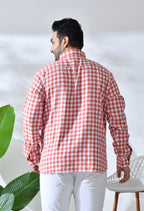 Men Brushed Flannel Carrot and White Checkered Classic Fit 1 Pocket Smart Casual Shirt