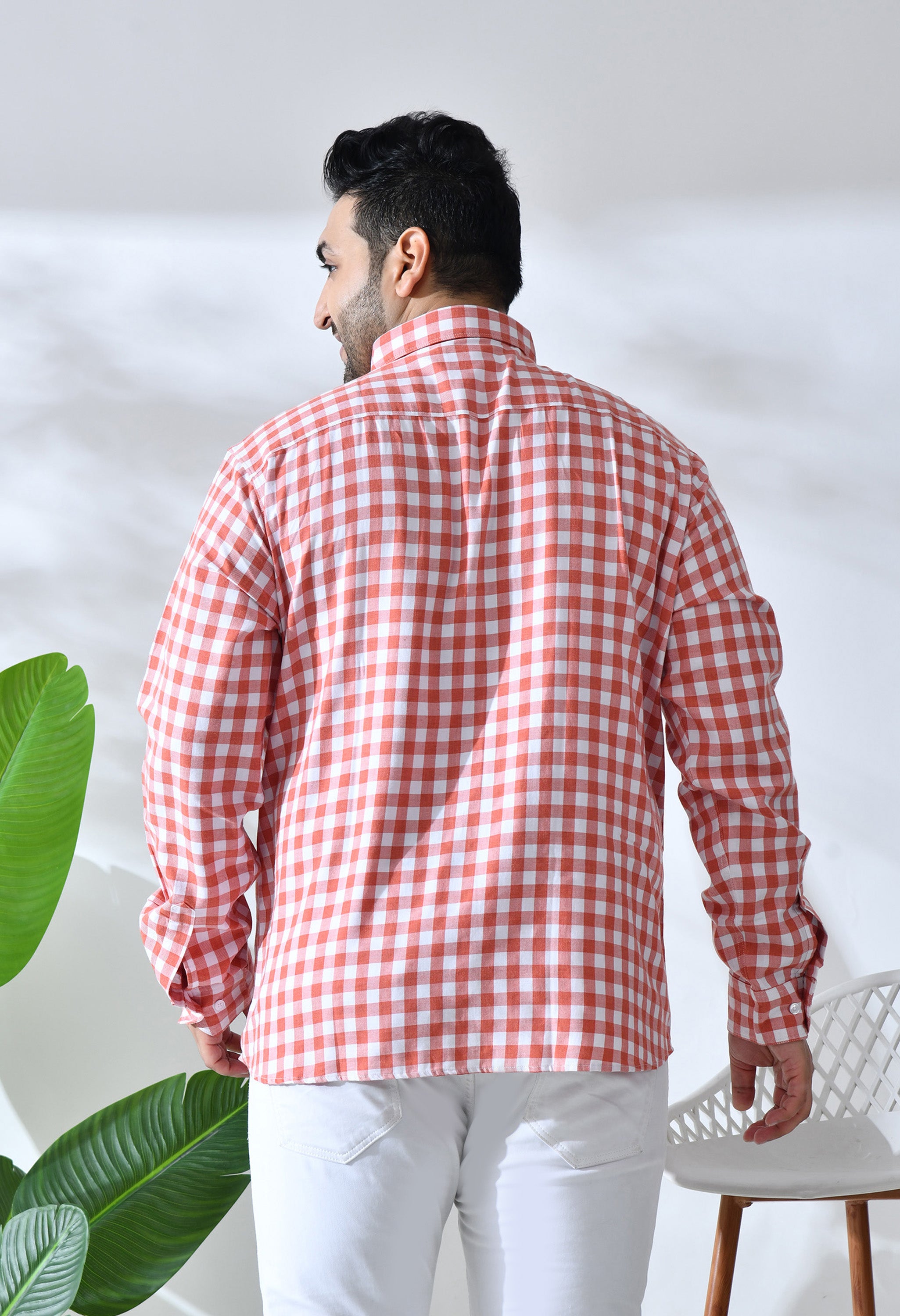 Men Brushed Flannel Carrot and White Checkered Classic Fit 1 Pocket Smart Casual Shirt
