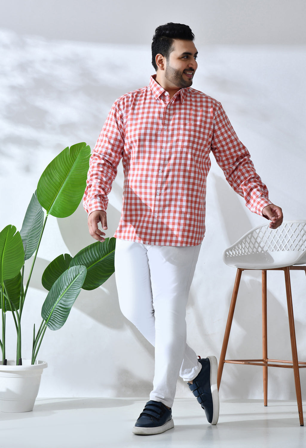 Men Brushed Flannel Carrot and White Checkered Classic Fit 1 Pocket Smart Casual Shirt