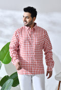 Men Brushed Flannel Carrot and White Checkered Classic Fit 1 Pocket Smart Casual Shirt