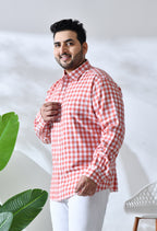 Men Brushed Flannel Carrot and White Checkered Classic Fit 1 Pocket Smart Casual Shirt