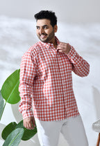 Men Brushed Flannel Carrot and White Checkered Classic Fit 1 Pocket Smart Casual Shirt