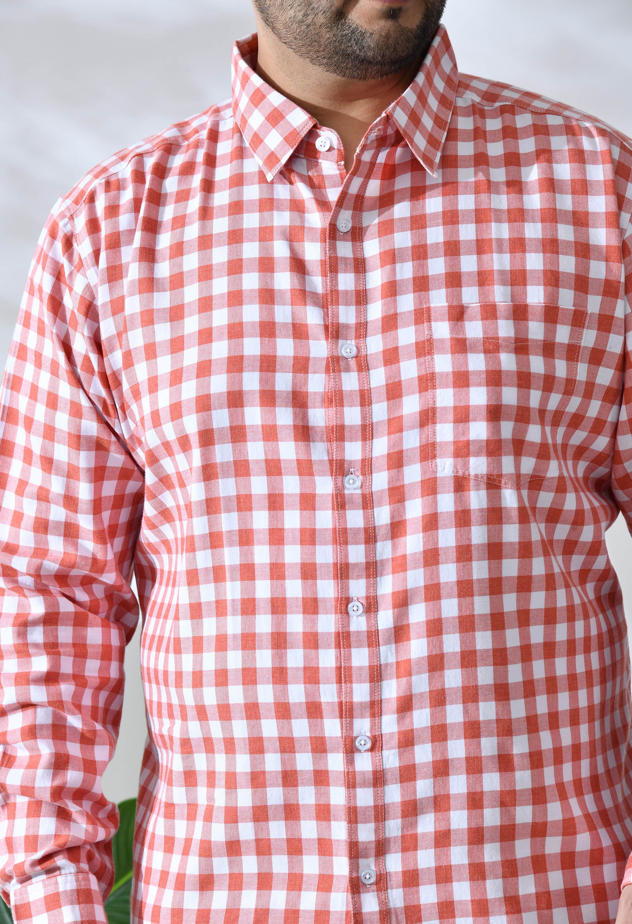 Men Brushed Flannel Carrot and White Checkered Classic Fit 1 Pocket Smart Casual Shirt