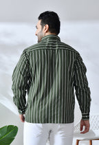 Men Cotton Green and White Striped Classic Fit 1 Pocket Smart Casual Shirt