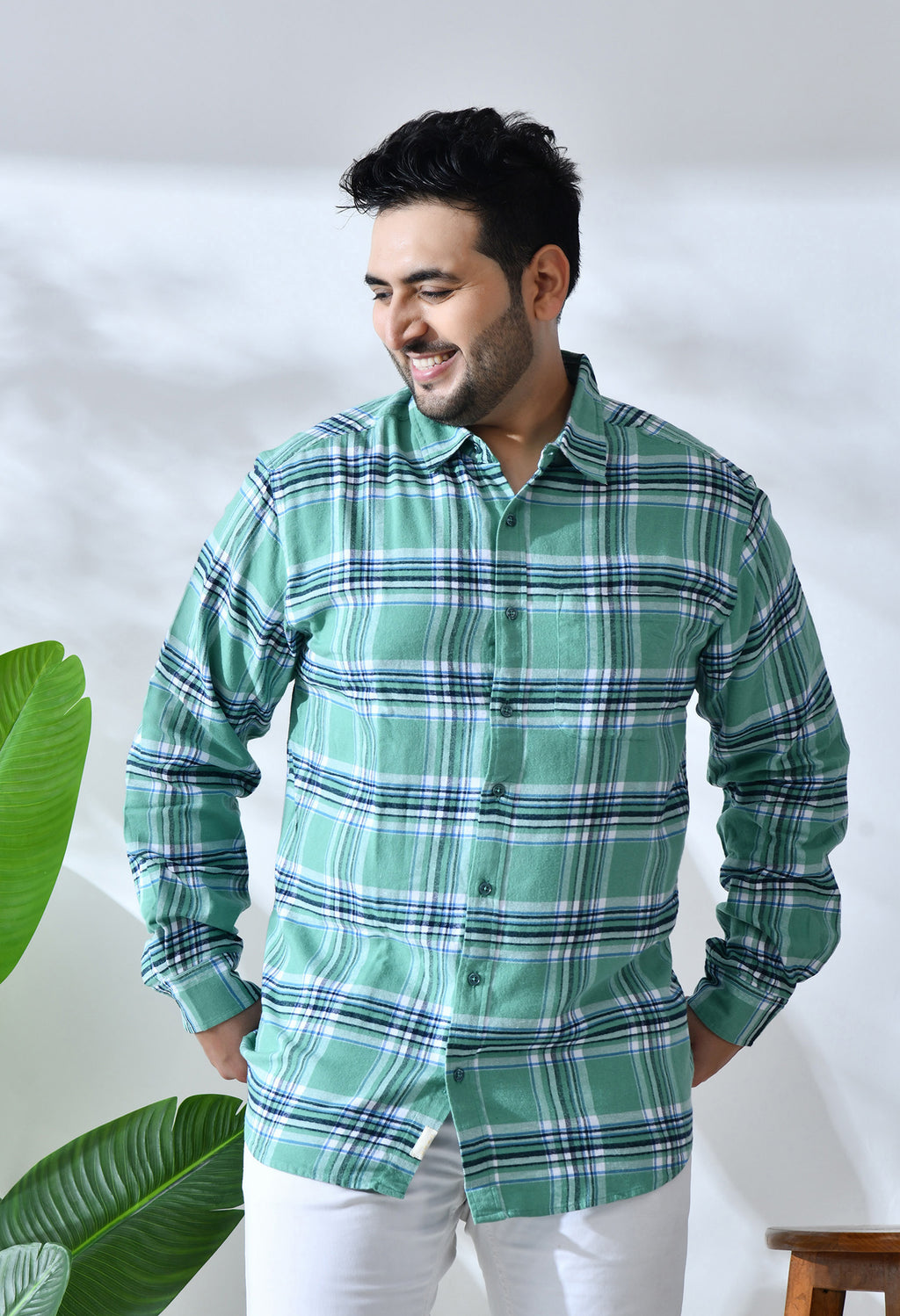 Men Brushed Flannel Mint Green, Navy and White Checkered Classic Fit Pocket Smart Casual Shirt