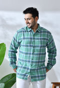 Men Brushed Flannel Mint Green, Navy and White Checkered Classic Fit Pocket Smart Casual Shirt