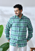 Men Brushed Flannel Mint Green, Navy and White Checkered Classic Fit Pocket Smart Casual Shirt