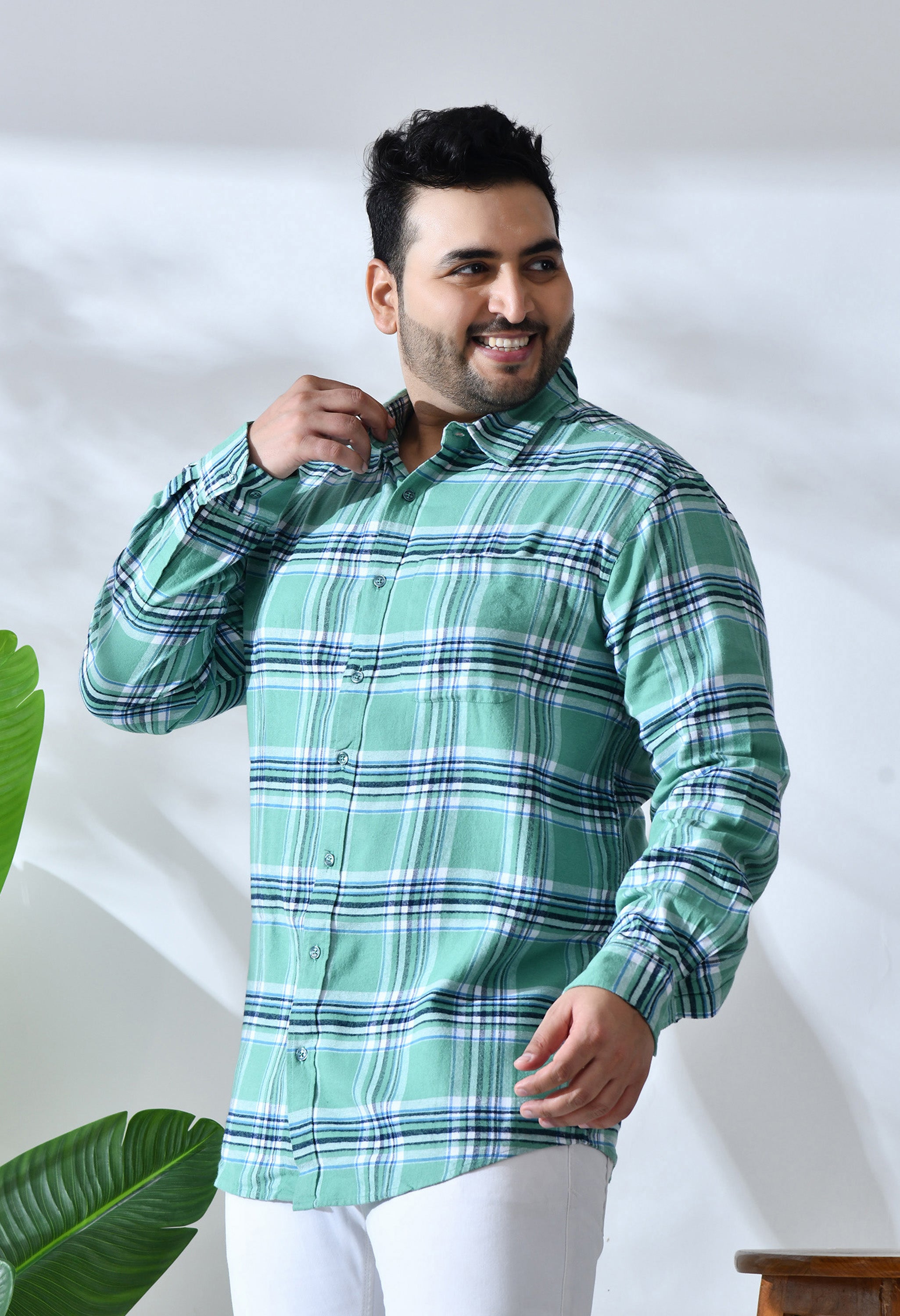 Men Brushed Flannel Mint Green, Navy and White Checkered Classic Fit Pocket Smart Casual Shirt