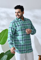 Men Brushed Flannel Mint Green, Navy and White Checkered Classic Fit Pocket Smart Casual Shirt